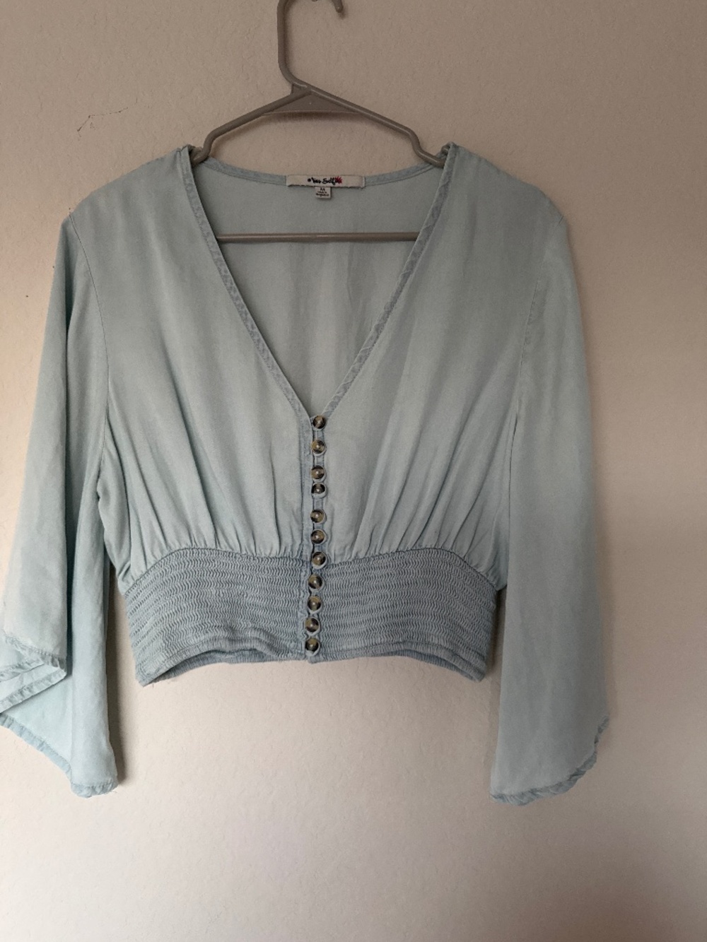 Miss Selfie Light Blue Boho Crop Top – Bell Sleeve Button Front Blouse
